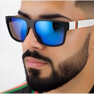 Polarized Sunglasses Men Black Frame Blue Mirror Lens Driving Golf Retro‎ Lentes